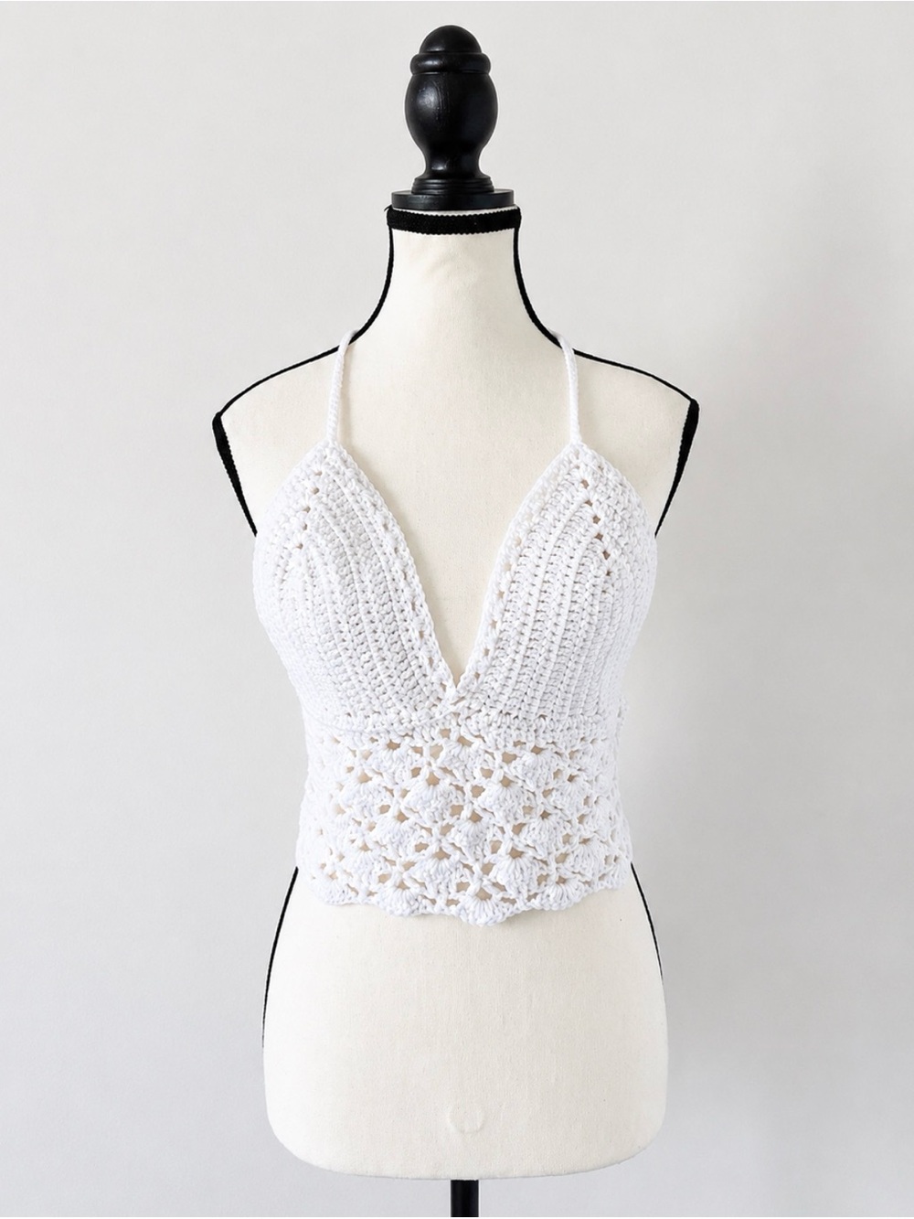 Handmade White Crochet Halter Crop Top Tie Back & Neck Knit Bralette S/M